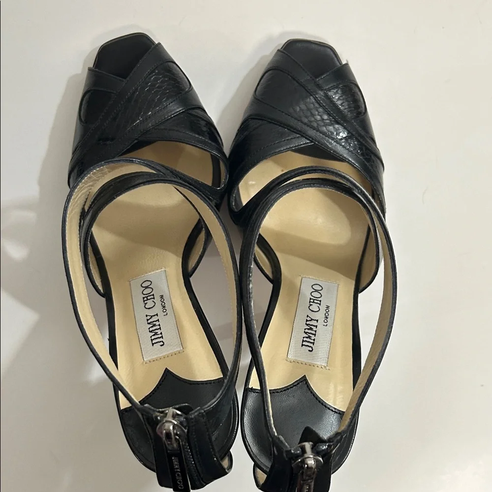 Jimmy Choo Black Patent Leather Strappy Peep-Toe Heels